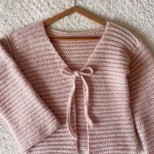 Pink Crochet Sweater with Bow Detail